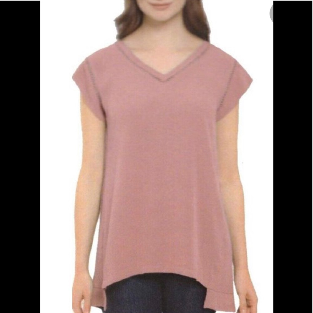 Ellen Tracy Tea Rose Lite Long Hi-Low Top Blouse V-neck Crochet Detail Cap Sleev